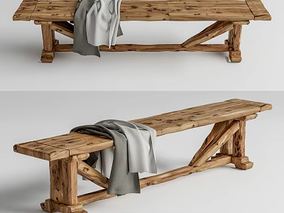 Rustic Wooden Public Bench With Gray Blanket Natural Wood Texture And Crossed Legs 3d model