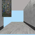 Staircase With Gray Walls And Concrete Steps Featuring Colorful Graffiti Painting And Circular Decoration
