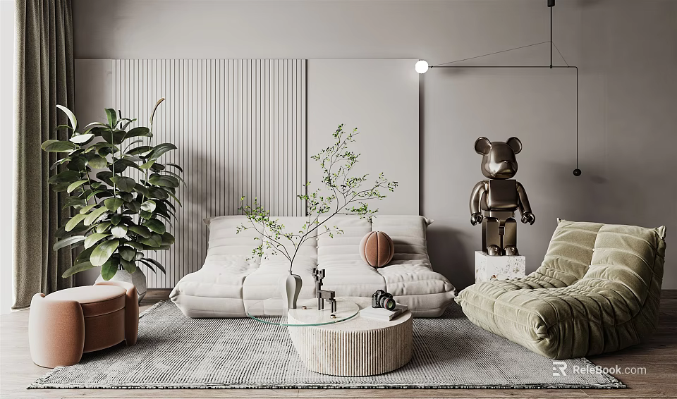 Modern Living Room With Sofa And Coffee Table Set Decorative Bear Statue Green Plants Basketball 3d model 