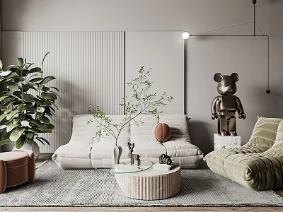 Modern Living Room With Sofa And Coffee Table Set Decorative Bear Statue Green Plants Basketball 3d model