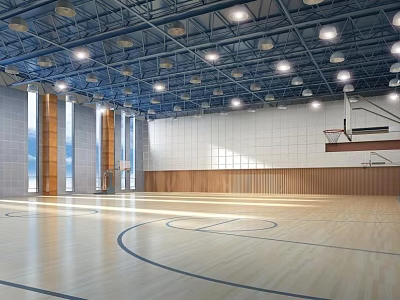 Modern Basketball Court Interior Design With Spacious Wooden Floor Ceiling Lights And Hoop 3d model