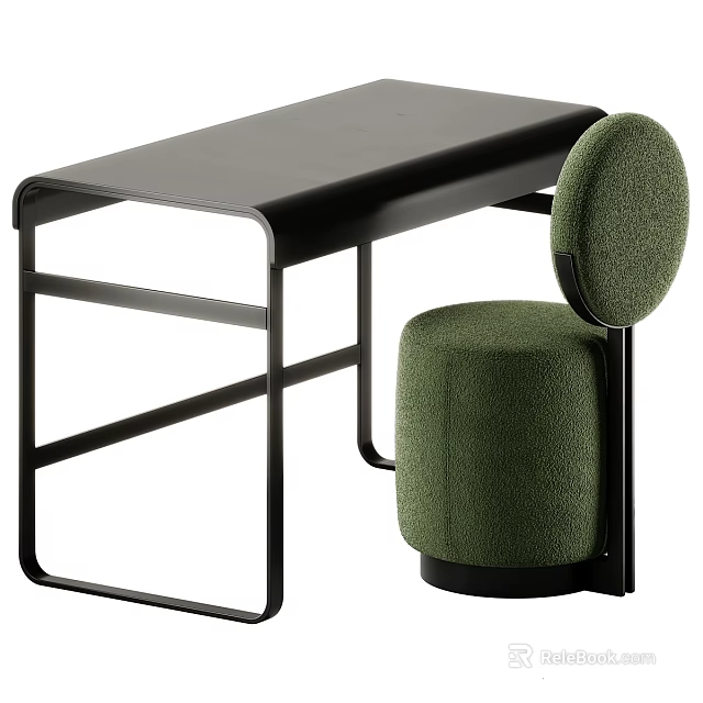 Modern Black Desk And Green Chair Set With Metal Frame And Padded Seat 3d model 