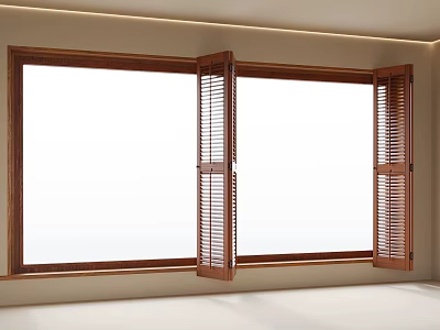 Wooden Frame Windows With Open Shutters And White Glass Interior 3d model