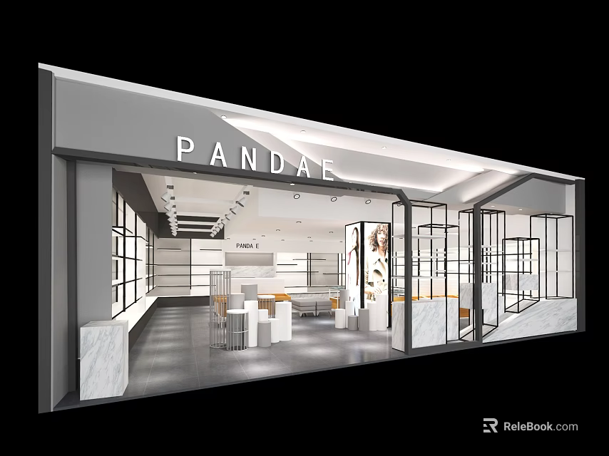 PANDA Store Modern Retail Space With Glass Facade And Interior Display Shelves 3d model 