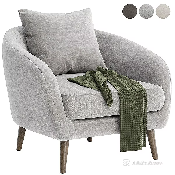 Comfortable Gray Accent Chair with Soft Gray Cushion and Green Throw Blanket on Wooden Legs 3d model 