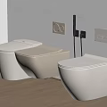 Three White Wall Mounted Toilets In Modern Bathroom With Light Colored Walls And Wooden Flooring