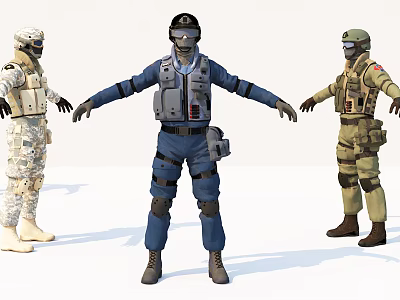 3D Models Featuring Three Military Characters in Tactical Uniforms with Gear 3d model