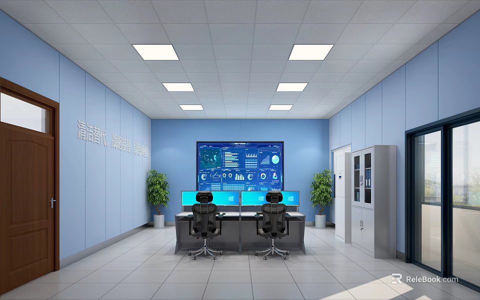 Modern Monitoring Room With Blue Walls Large Display Screen And Green Plants 3d model 