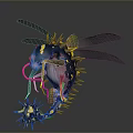 Fantasy Spiky Purple Animal With Transparent Wings Long Tentacles And Yellow Spots