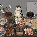 Assorted Desserts Display With Multi Tier Cake Chocolate Treats And Fresh Flowers
