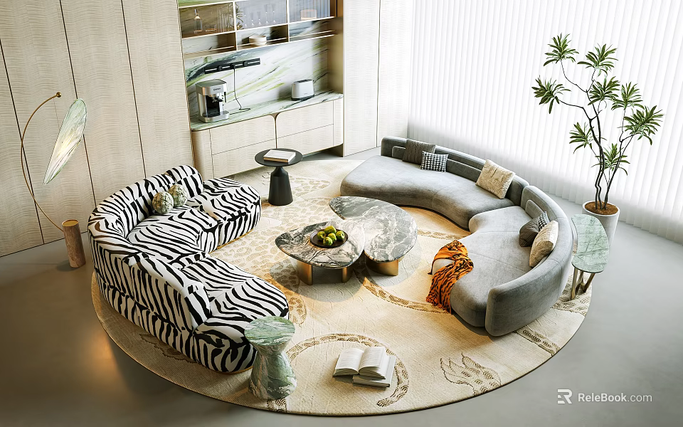 Modern Zebra Print and Gray Sofa Set with Round Marble Coffee Table and Area Rug 3d model 