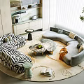 Modern Zebra Print and Gray Sofa Set with Round Marble Coffee Table and Area Rug