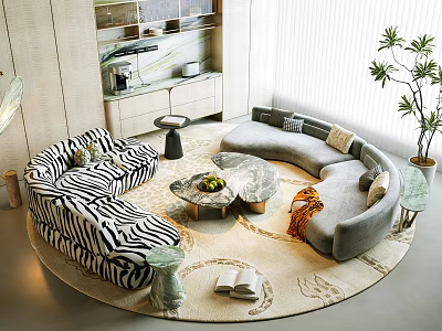 Modern Zebra Print and Gray Sofa Set with Round Marble Coffee Table and Area Rug 3d model