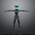 Robot Character Wearing Mechanical Armor With Blue Neon Lights And Twin Ponytails Standing Pose