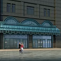 Blue Decorative Patterned Awning on Building Facade with Glass Doors and People Walking Nearby
