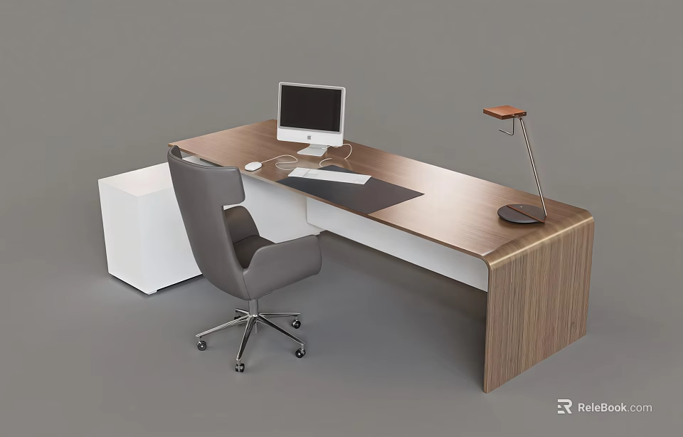 Modern Wooden Office Desk with Computer Monitor Mouse Keyboard Lamp Gray Chair and White Cabinet 3d model 