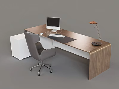 Modern Wooden Office Desk with Computer Monitor Mouse Keyboard Lamp Gray Chair and White Cabinet 3d model