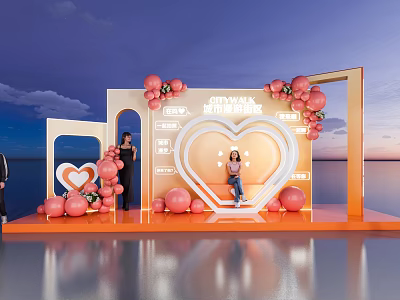 2024 Valentine's Day Photo Spot With Heart Shaped Frame Pink Balloons Sunset Sky 3d model