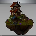 Fairy Tale Cartoon Style Floating Island Wooden Cottage With Red Roof Staircase Fence And Flowers