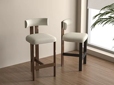 Two Modern Bar Stools With Upholstered Seats Wooden Legs By Window And Plant 3d model