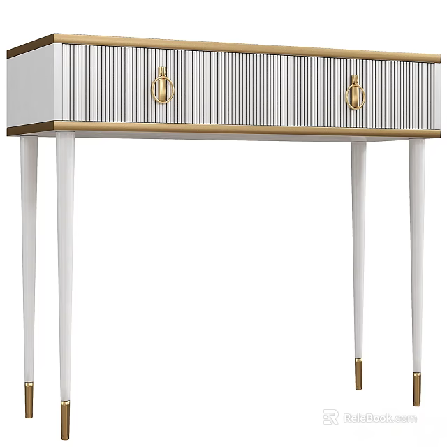 Functional Desk with White Surface Gold Handles and Drawers on Elegant Legs 3d model 