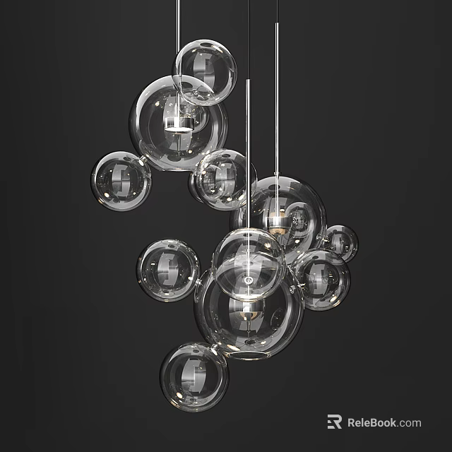Modern Multiple Transparent Glass Ball Chandelier Hanging Against Black Background 3d model 
