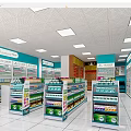 Pharmacy Store Interior with Shelves Displaying Medicines Bright Lighting Clean Floor and Information Signs
