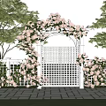 White Arch Entry Gate Decorated With Pink Roses Green Trees And Stone Pathway