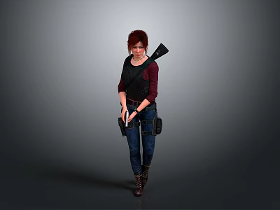 Woman With Red Hair In Dark Top And Jeans Holding Axe Standing Against Gray Background 3d model