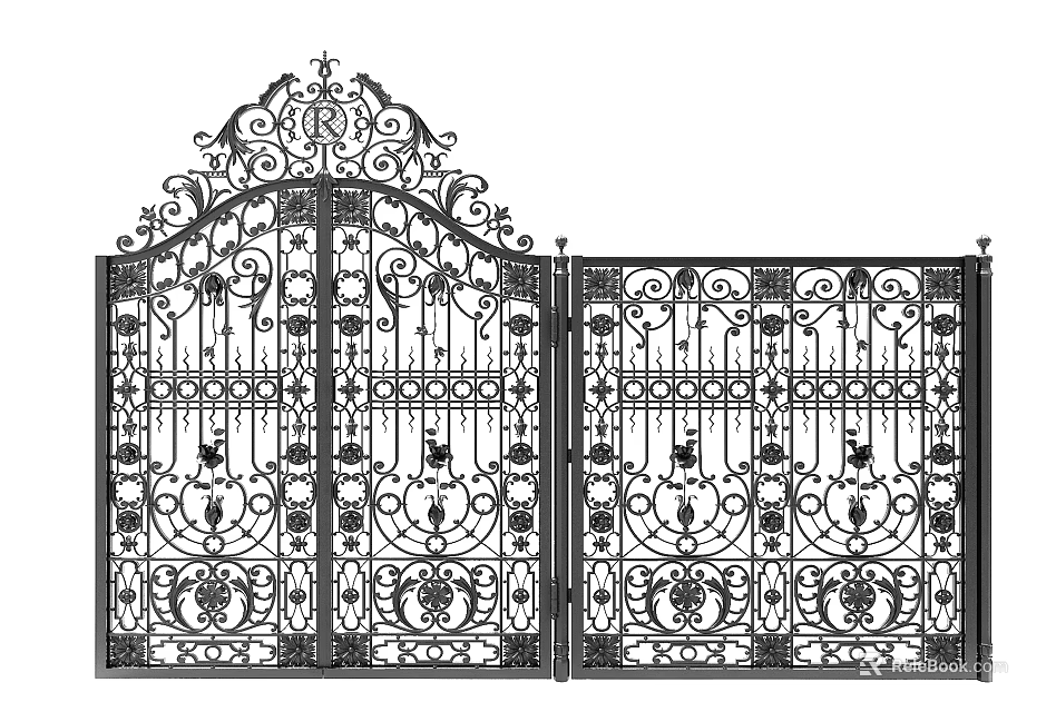 Ornate Wrought Iron Gate with Intricate Decorative Patterns and Double Door Design 3d model 