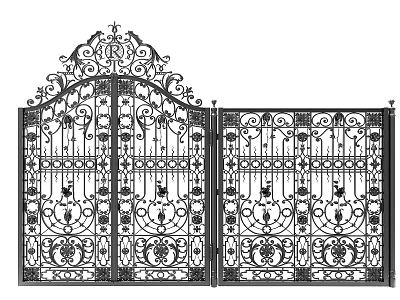 Ornate Wrought Iron Gate with Intricate Decorative Patterns and Double Door Design 3d model