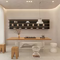 Modern Office Interior With Arched Display Shelf Wooden Desk Transparent Chairs And Decorative Paintings