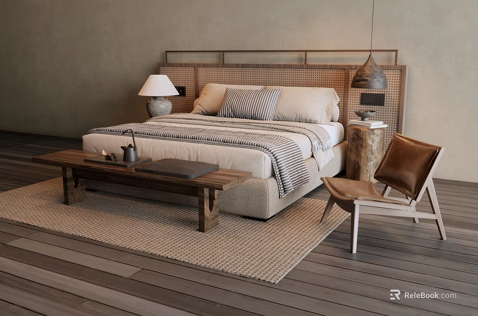 Natural Style Double Bed with Wicker Headboard Wooden Floor Area Rug Bedside Lamp and Chair 3d model 