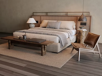 Natural Style Double Bed with Wicker Headboard Wooden Floor Area Rug Bedside Lamp and Chair 3d model