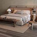 Natural Style Double Bed with Wicker Headboard Wooden Floor Area Rug Bedside Lamp and Chair