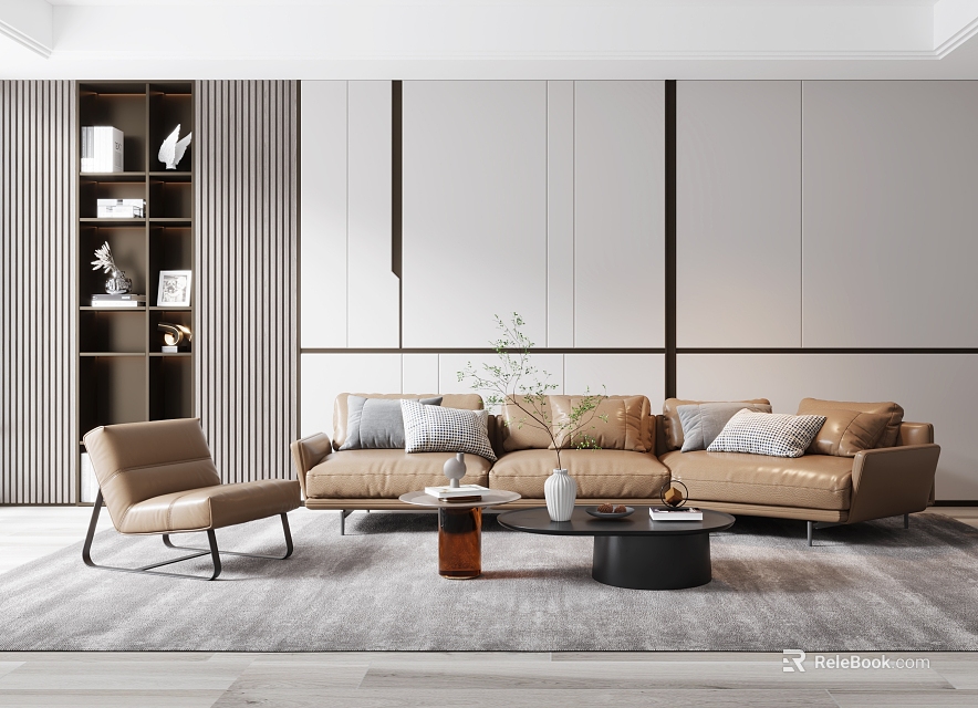 Modern Living Room Sofa And Coffee Table Set With Armchair Pillows And Decorative Items 3d model 