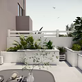 Rooftop Garden Outdoor Space With Green Plants Sofa Coffee Table And Wall Decor