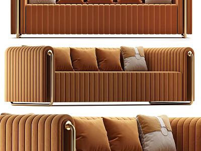 Elegant Modern Three-Seater Velvet Sofa With Golden Armrests And Decorative Cushions 3d model