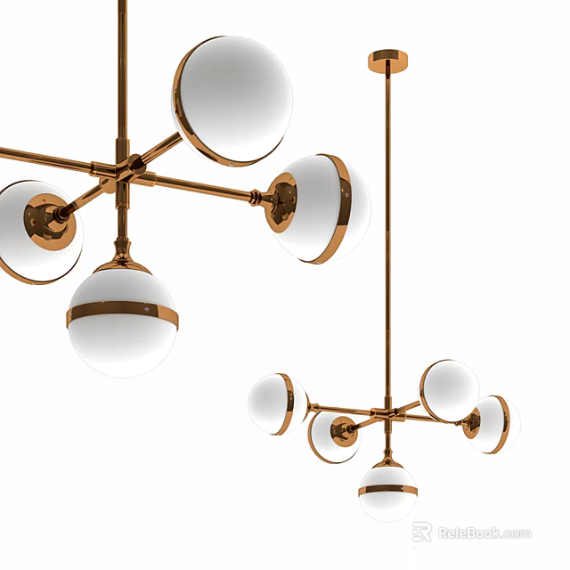 Modern Brass Frame Chandelier With Multiple White Globe Hanging Lights 3d model 