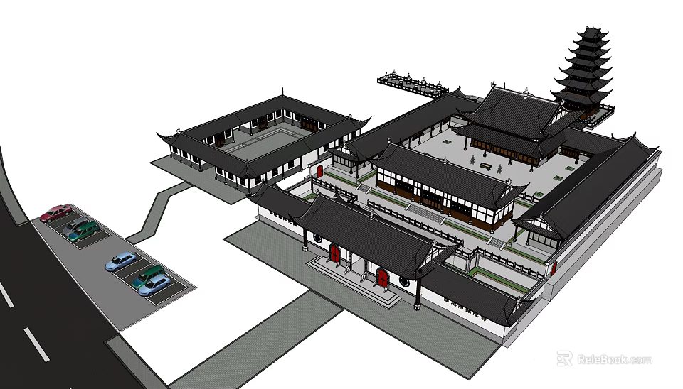 Ancient Chinese Architecture With Traditional Courtyard Layout Black Tiled Roofs And Pagoda Structure 3d model 