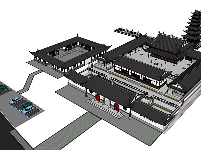 Ancient Chinese Architecture With Traditional Courtyard Layout Black Tiled Roofs And Pagoda Structure 3d model
