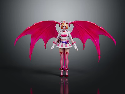Cute Game Movie Character With Large Pink Wings Headdress And White Pink Outfit 3d model