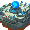 Cartoon Style Space Command Center With Blue Globe And Control Panels 3d model