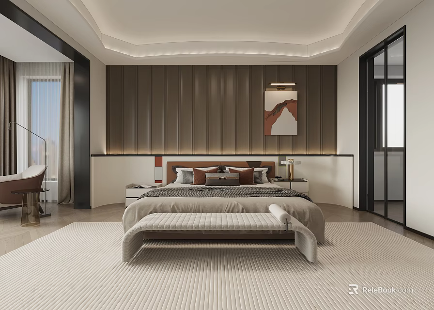 Modern Bedroom Interior Design With Upholstered Headboard And Decorative Painting 3d model 