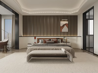 Modern Bedroom Interior Design With Upholstered Headboard And Decorative Painting 3d model
