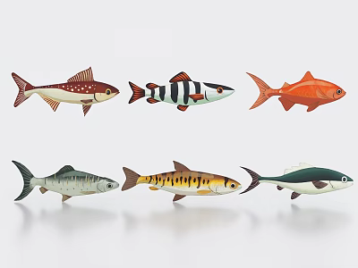 Six Vibrant Aquatic Fish with Diverse Patterns and Various Colors on White Background 3d model