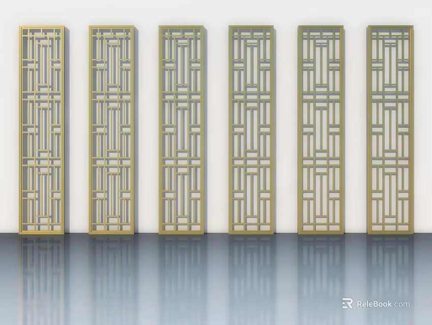 Six Modern Swing Doors With Geometric Patterns And Golden Frames On White Background 3d model