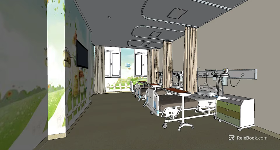 Children's Ward Interior With Beds TV Curtains And Colorful Mural 3d model 