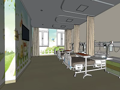 Children's Ward Interior With Beds TV Curtains And Colorful Mural 3d model