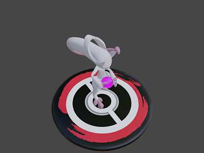 White Game Character With Long Ears Holding Purple Orb On Circular Black White Red Base 3d model